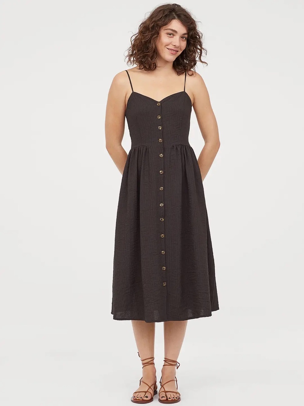 Women's Black Button-Front Self Striped Midi Dress